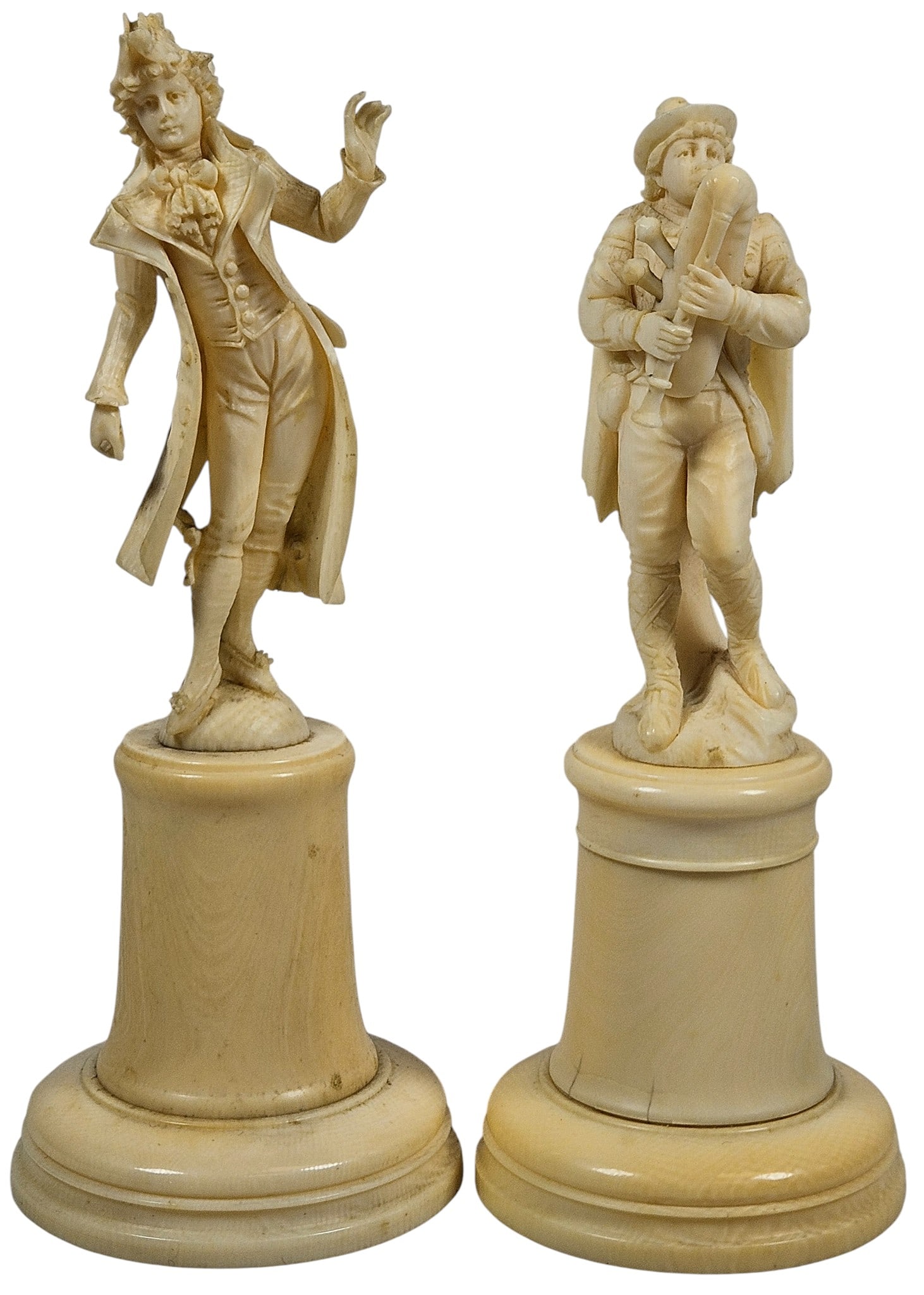(2) 19th Century Carved Figures: To include (1) playing an instrument, (1) appears to be conducting. Tallest measures 6 inches high. Overall good/fair condition, please see photos.