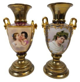 (2) Royal Vienna Porcelain Portrait Vase Swan Handles
