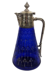 19th Century Cobalt Blue Silver Plate Collar Claret Jug