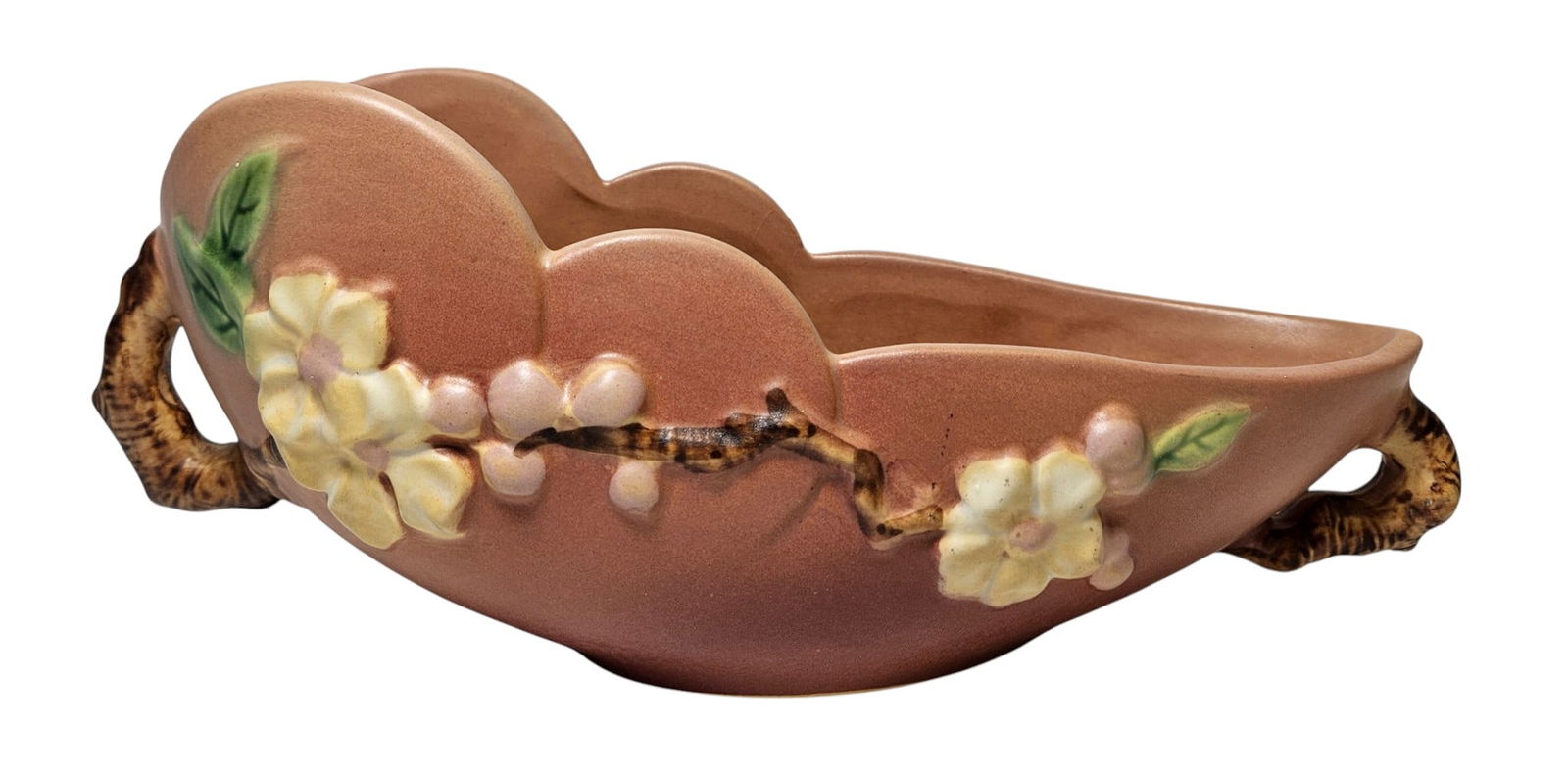 Roseville Apple Blossom Ovoid Shape Bowl 329-10: Apple blossom ovoid shape mid-century modern bowl, ca. 1949. Pink background with apple branches and clusters of white blossoms touched with pink. Overall good condition with some crackling according