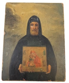 c1840 Russian Painted Icon on Wood Board of Bishop