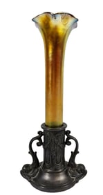 Art Nouveau Steuben Gold Aurene Trumpet Vase in Dolphin Cast Metal Stand