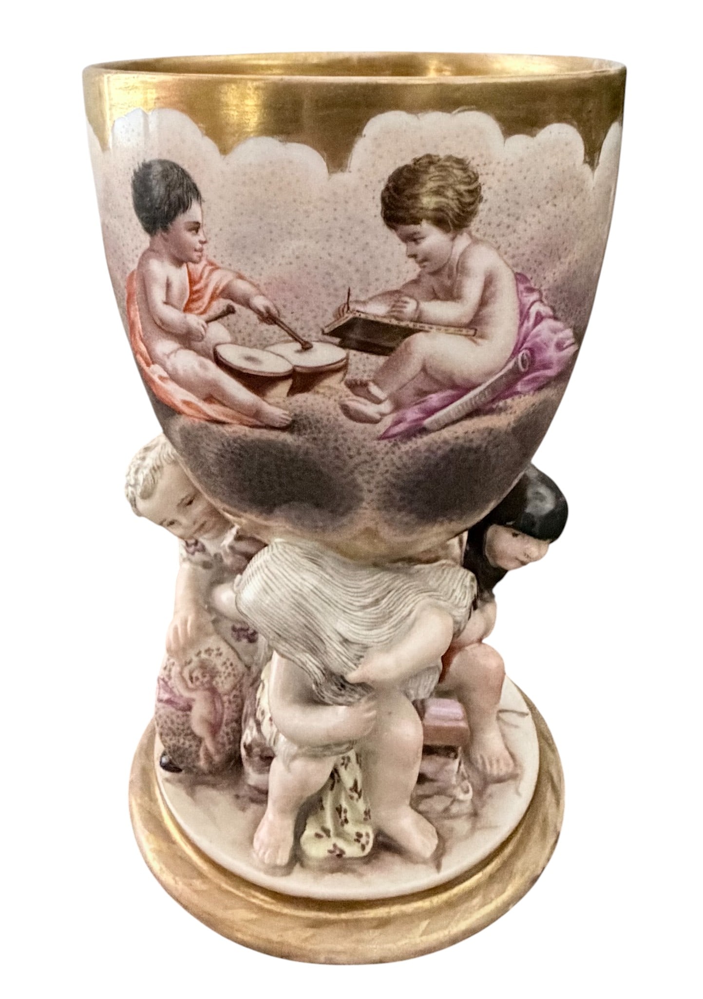 19th Century KPM Berlin Gilded Porcelain Chalice Goblet Children: Chalice has two children on the goblet with figures surrounding the stem. Goblet measures 5.25 inches high. Overall good condition, no chips or cracks. Please see photos.