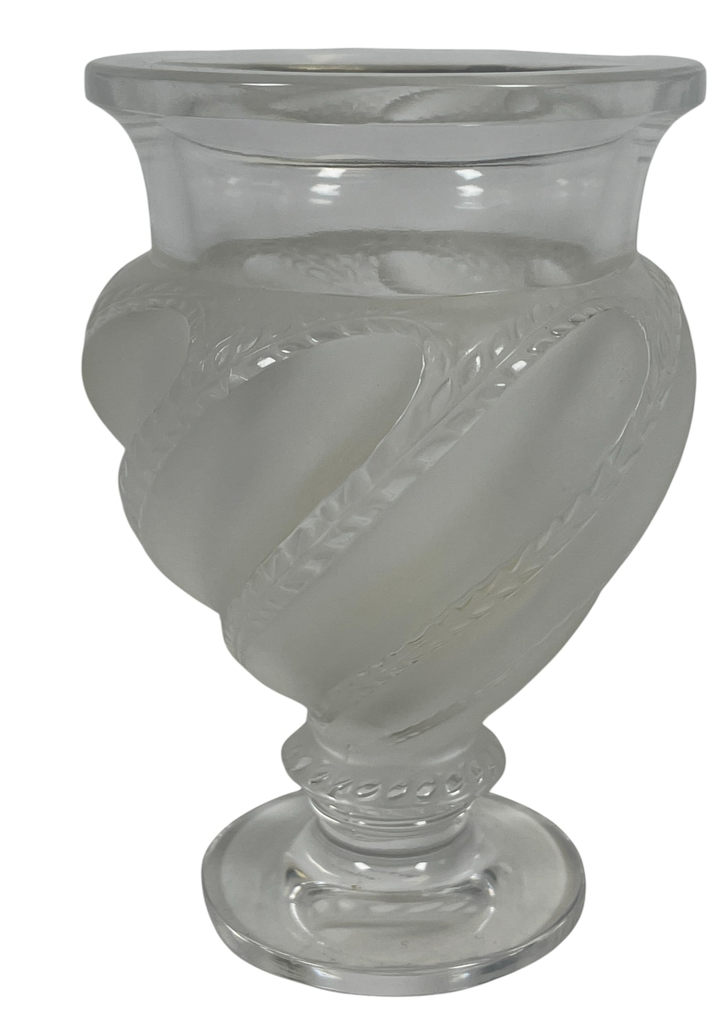 Lalique Ermenonville Clear & Frosted Swirl Pedestal Vase: Elegant clear and frosted glass Lalique vase featuring spiral leaf motif. Measures 6 inches high x approx 4 inches at its widest. Marked Lalique France on base. Overall good condition, no chips or