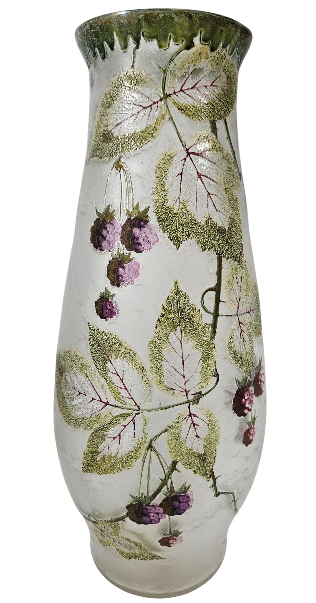 Art Nouveau Acid Etched Blackberry Satin Glass Cameo Vase: No signature found, but likely French - possibly Galle or Daum. Vase features hand enameled purple blackberries and detailed green and purple leaves on thorny brambles. Frosted glass finish. Vase