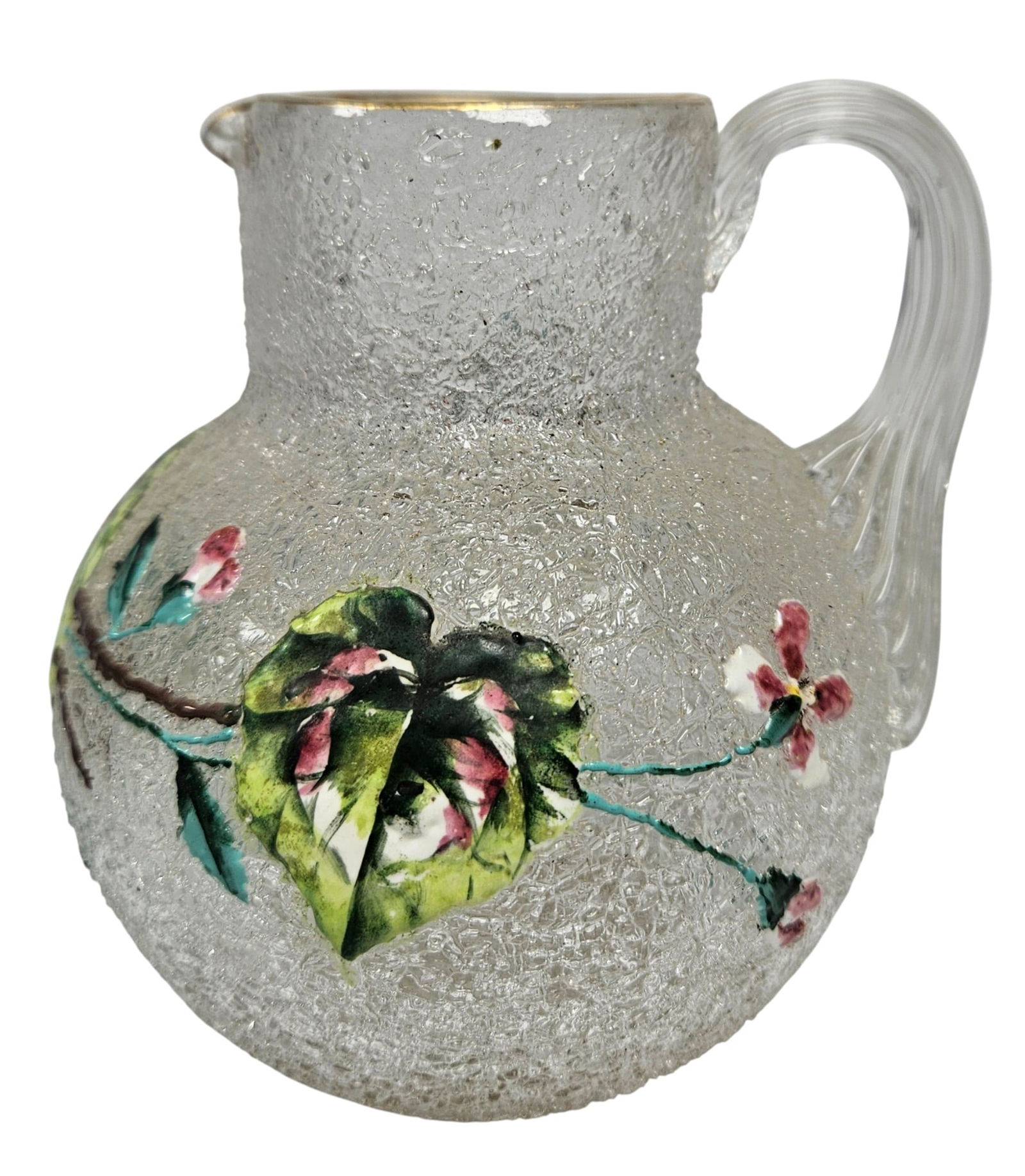 Victorian Begonia Enameled Overshot Pitcher: Colorless with gilt and detailed polychrome-enamel floral decoration, bulbous form with circular rim, applied colorless reeded handle, and polished pontil mark. Boston & Sandwich Glass Co. and