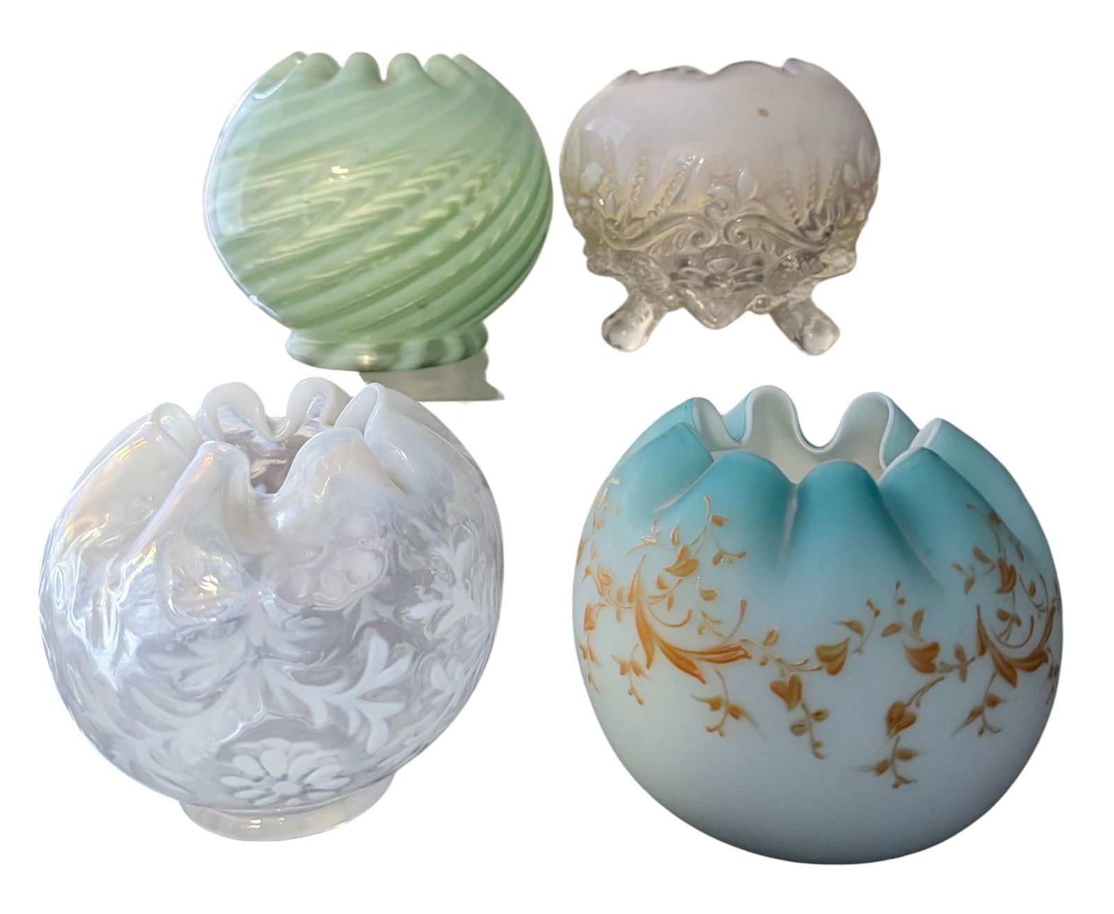 (4) Victorian Art Glass Rosebowls: To include satin glass (4 inches high), green opaline swirl glass (4.5 inches high), white opaline glass (4 inches high), white opaline footed glass (4 inches high). Overall good condition, no chips