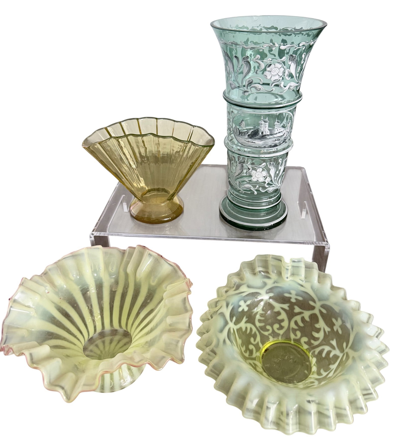 (4) Victorian Art Glass Vase / Bowls: To include flared yellow striped opaline vase (4 inches high), yellow fan vase (5 inches high), yellow opaline bowl (3.75 inches high), yellow opaline rose bowl (3.5 inches high). Overall good