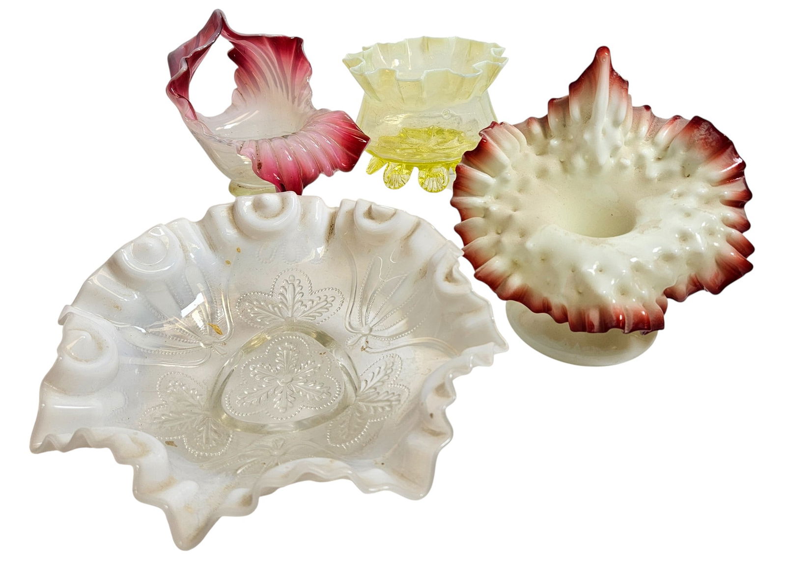(4) Victorian Art Glass Vase / Bowls: To include tall painted vase (9 inches high, has a couple of chips), jack in the pulpet vase (7.25 inches high), white & clear footed bowl (3.5 inches high), cranberry & clear bowl (5.5 inches high).