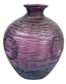 Kralik Chine Iridescent Purple Dimple Sides Threaded Art Glass Vase