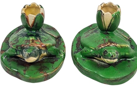 c1920 Pair Weller Pottery Coppertone Turtle on Lilypad Candlesticks