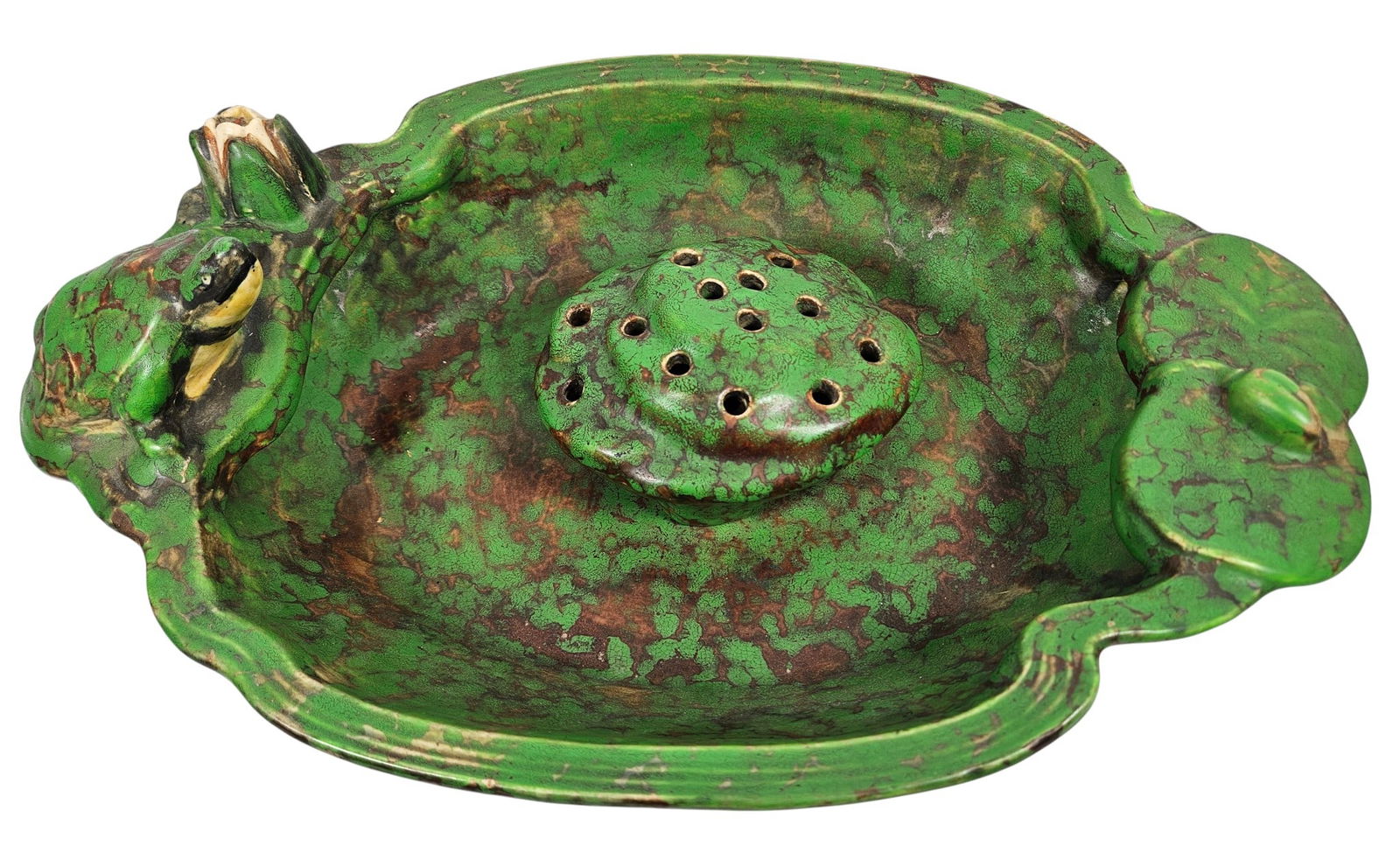 c1920 Weller Coppertone Turtle Lilypad Bowl w Flower Frog: Coppertone bowl by Weller, on the edge a watchful frog is seated beside a budding water lily, the opposite edge has a bud on twin leaves. Measures 5 inches high to the top of the turtle, 18 inches