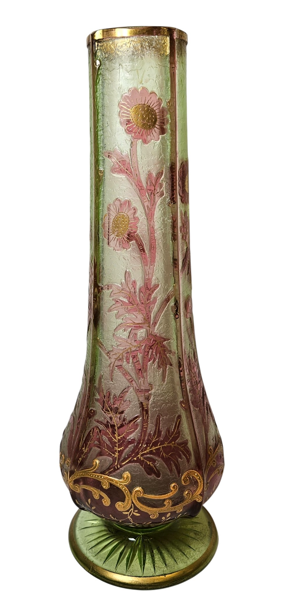 Art Nouveau Acid Etched Gilt Trim Floral Cameo Vase: No signature found, but in the Daum Nancy style. Green ground with pink foliage and flowers. Vase measures 12.25 inches high, 4.25 inches at its widest. Overall good condition, no chips or cracks.