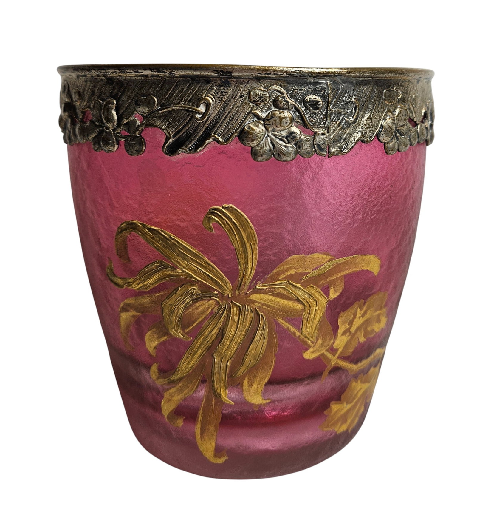 19th Century Repousse Silver Plate Mounted Cranberry Vase Inman Line Markings: Cranberry vase / bowl with gilt decoration, topped with a silver plate repousse rim. Hallmarked on the bottom is the mark for Liverpool, New York & Philadelphia Steam Ship Company, better known as