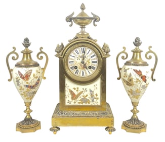 19C French Bronze & Porcelain 3 Piece Clock Set Coralene