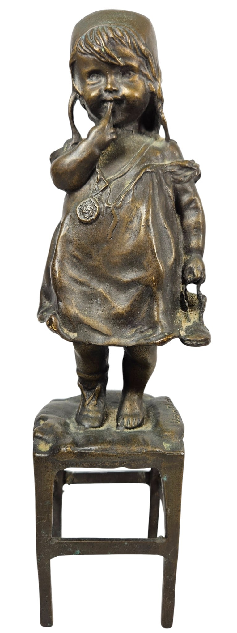 Juan Clara Ayats (Spanish, 1875-1958) Bronze Sculpture "Girl on a Chair": A bronze sculpture of a young girl by Juan Clara Ayats (Spanish, 1875-1958) depicts a young girl standing on a stool, inscribed on stool "Juan Clara" CIRCA: Early - Mid 20th Century ORIGIN: Spain.