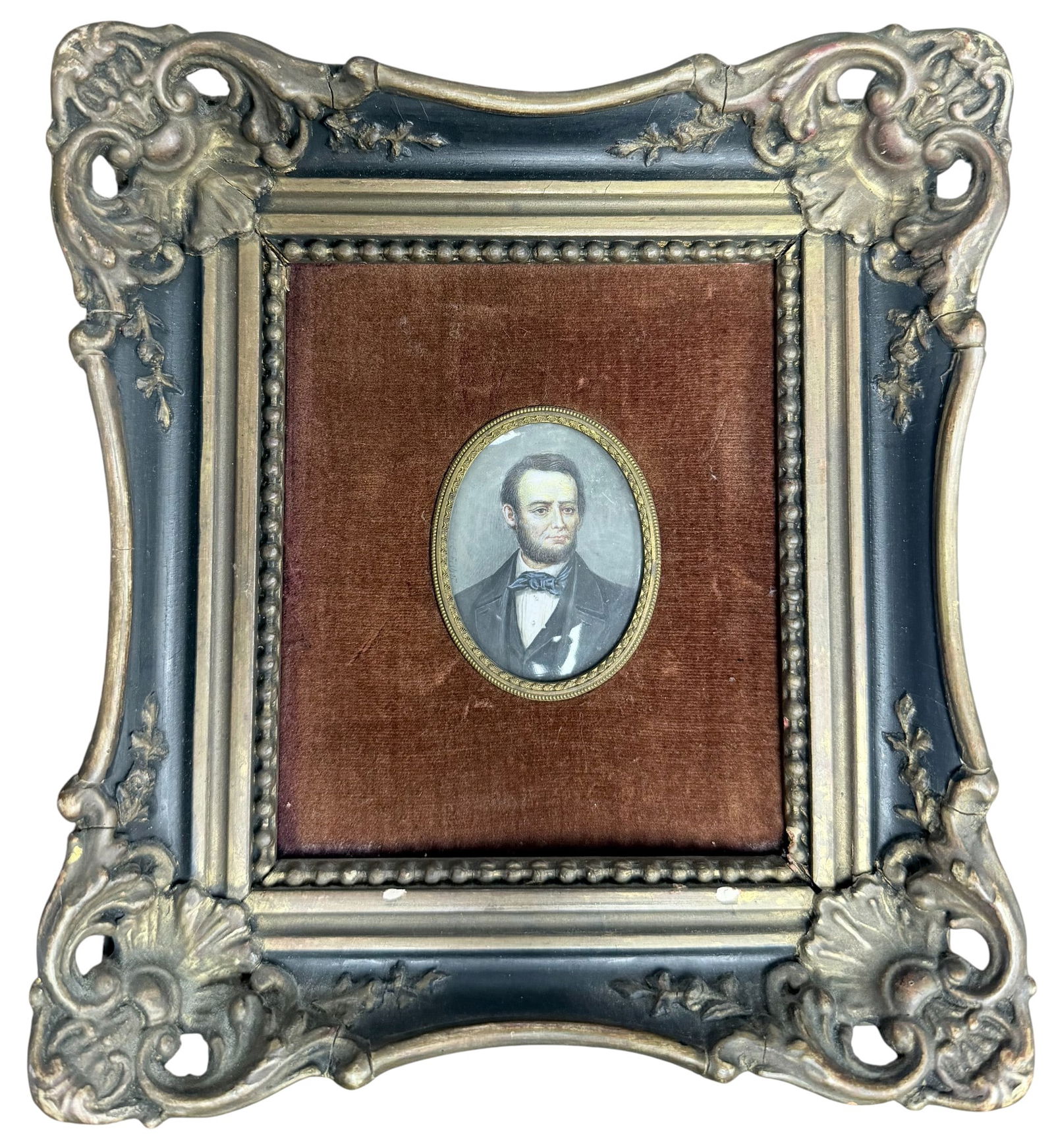 19th Century Portrait Miniature of Abraham Lincoln in Wood Frame Signed C. Fisher: Frame measures 8.25 x 7.5 inches, the miniature measures approx 2 x 2.5 inches oval. Signed left side. Overall good condition, frame has some flaking. Please see photos.