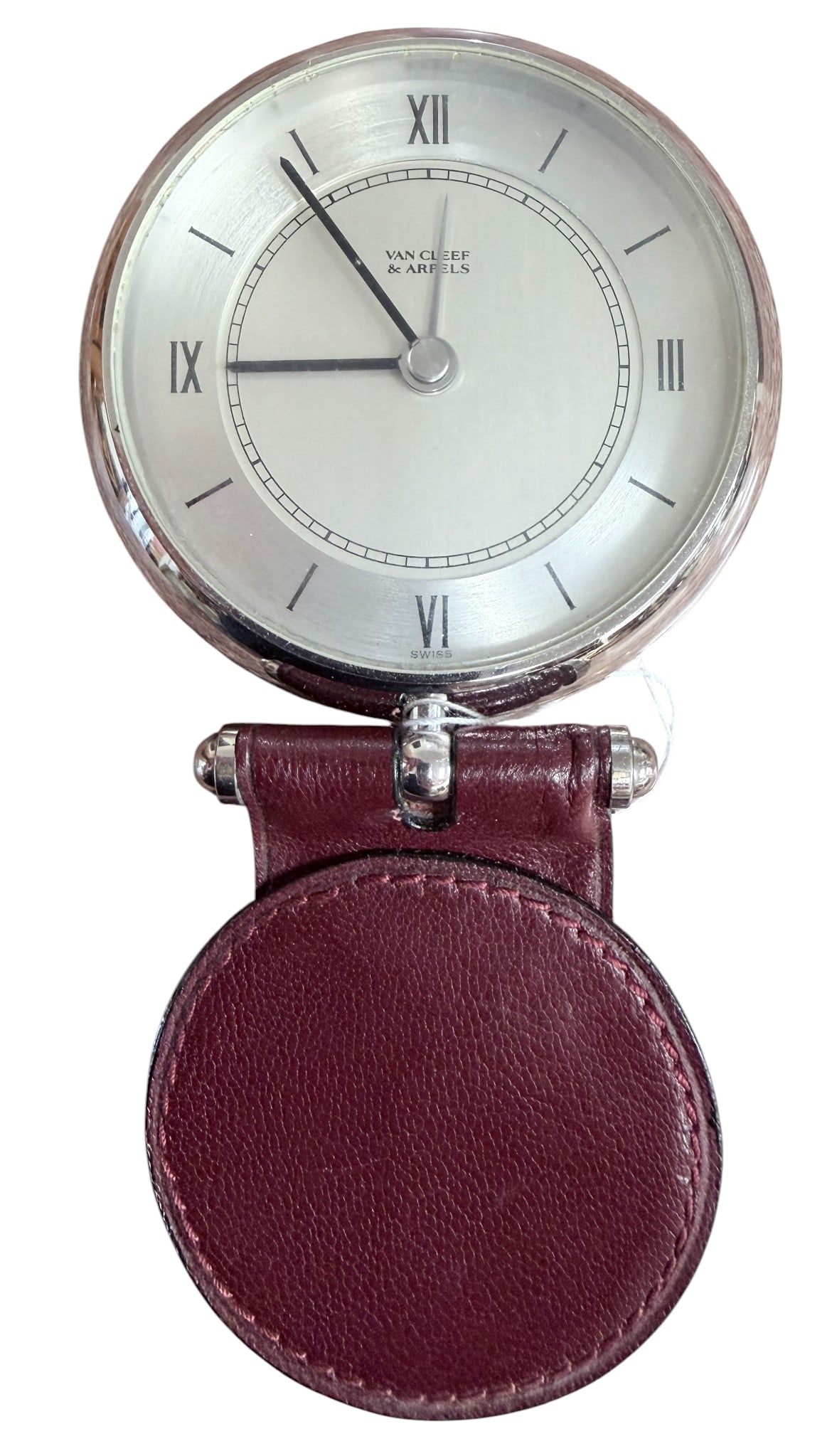 Vintage Van Cleef & Arpels Alarm Table Watch Clock: Van Cleef & Arpels desk clock featuring a gold plated case sporting an adjustable stand and a leather accented foot. Dial marked "VAN CLEEF & ARPELS". Overall good working condition, please see photos