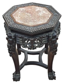 Vintage Chinese Carved Wood & Marble Stand