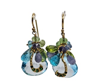 Vintage 14k Yellow Gold Cluster Earrings w Topaz & Citrine