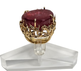 Heavy Brutalist 14k Yellow Gold & Pink Jade Ring size 5