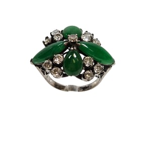 Mid Century 14k White Gold Diamond & Jade Cluster Ring size 5.5