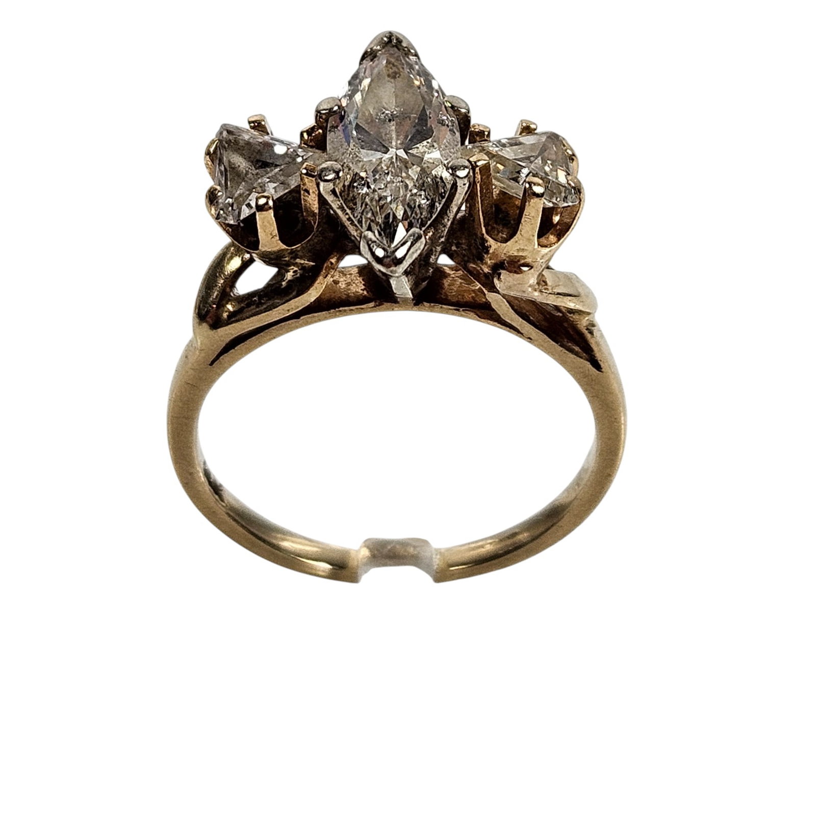Vintage 14k Yellow Gold Marquise Diamond Trilogy Engagement Ring: Center marquise diamond flanked by (2) trillion cut diamonds, one on either side. Center stone approx 1 carat, total weight approx 1.5 carats. Total weight 3.7 grams (2.3 dwt). Overall good