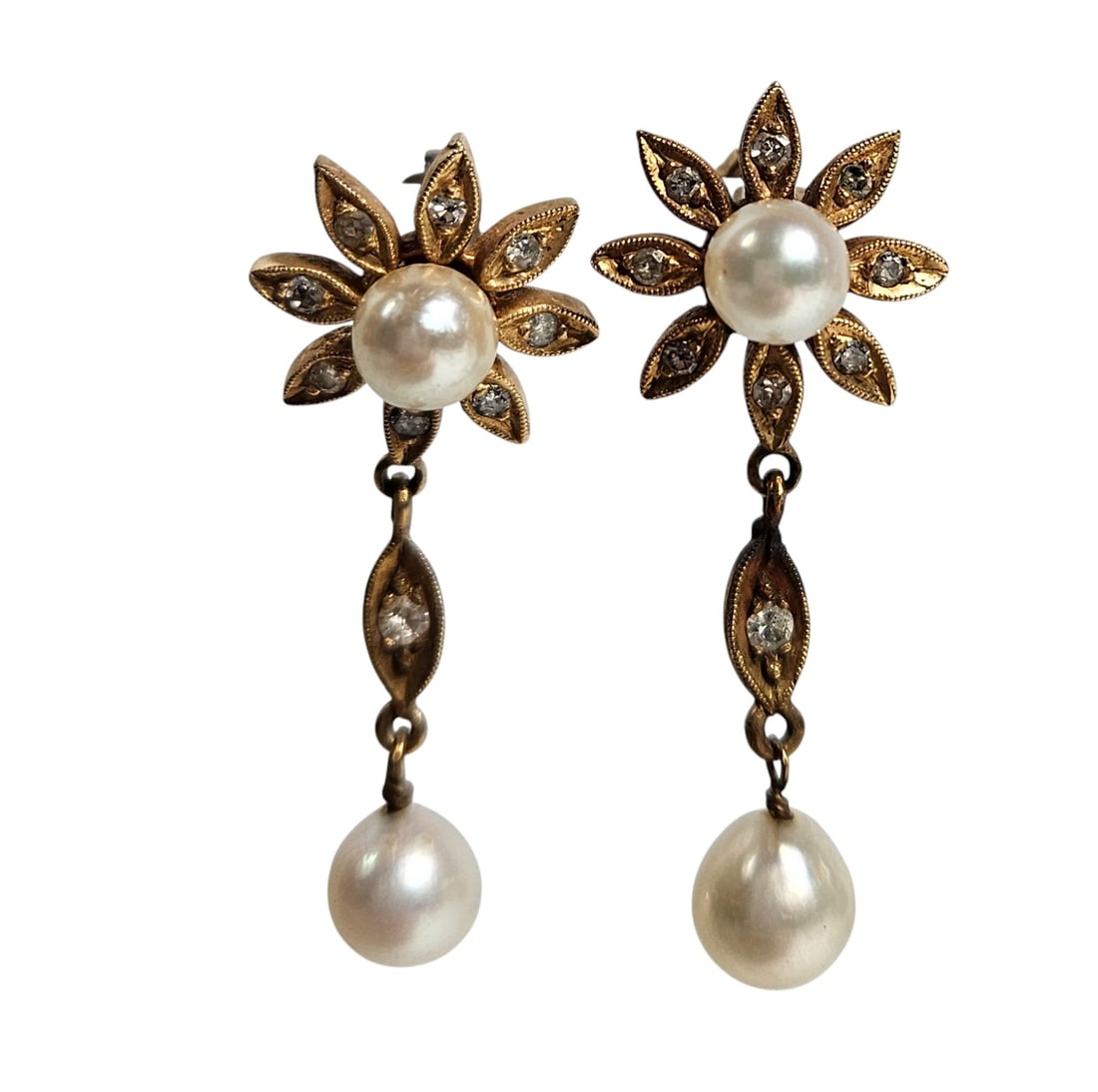 14k Yellow Gold Diamond & Pearl Floral Shape Earrings (1 of 3)