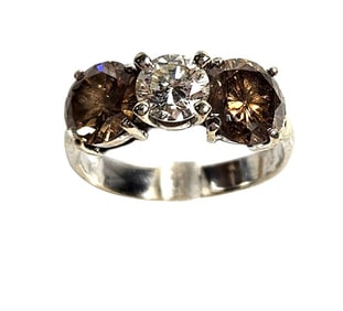 Vintage 14k White Gold White & Champagne Diamond Trilogy Ring size 6