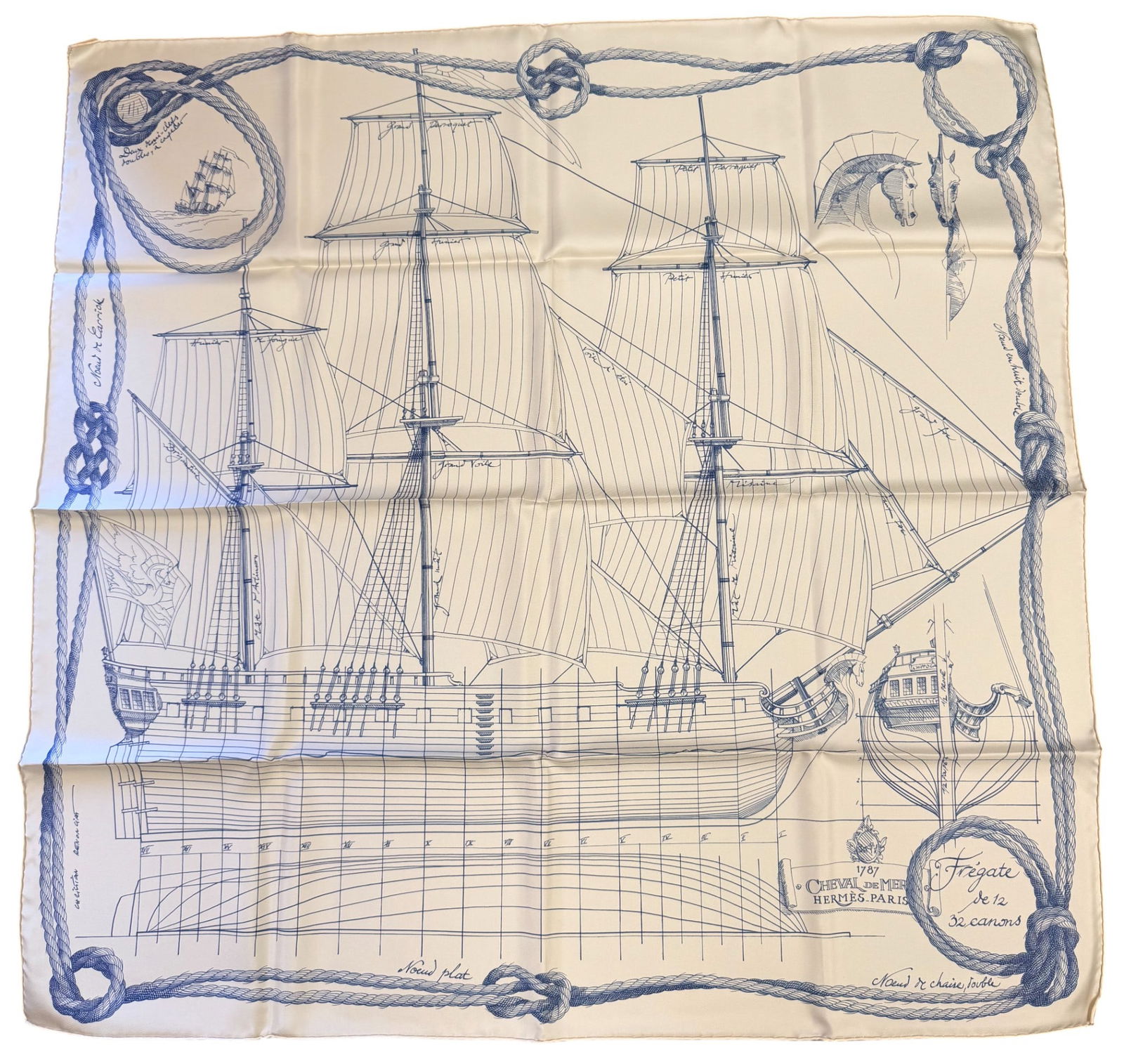Hermes Cheval De Mer Silk Scarf in Original Box Christian Renonciat: Design is inspired by nautical themes and features a detailed diagram of a ship and sailing instructions. Measures 90cm x 90cm. Never worn, still has tags attached. Comes with Histoires de carres book