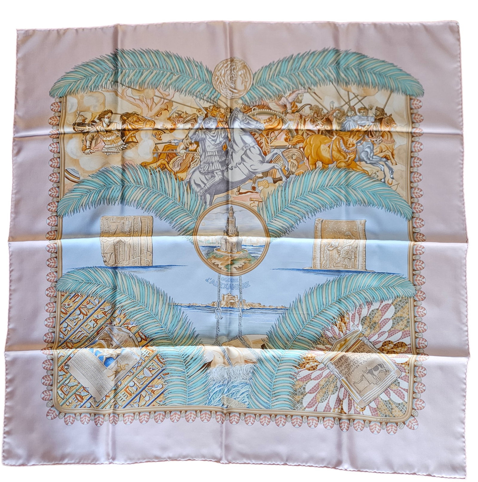 Hermes Gloire d'Alexandre Silk Scarf Julie Abadie: Designed by artist Julie Abadie, pink ground. The design features a central mosaic style illustration of a bull and Greek text. Never worn, comes in original box. Measures 90cm x 90cm.
