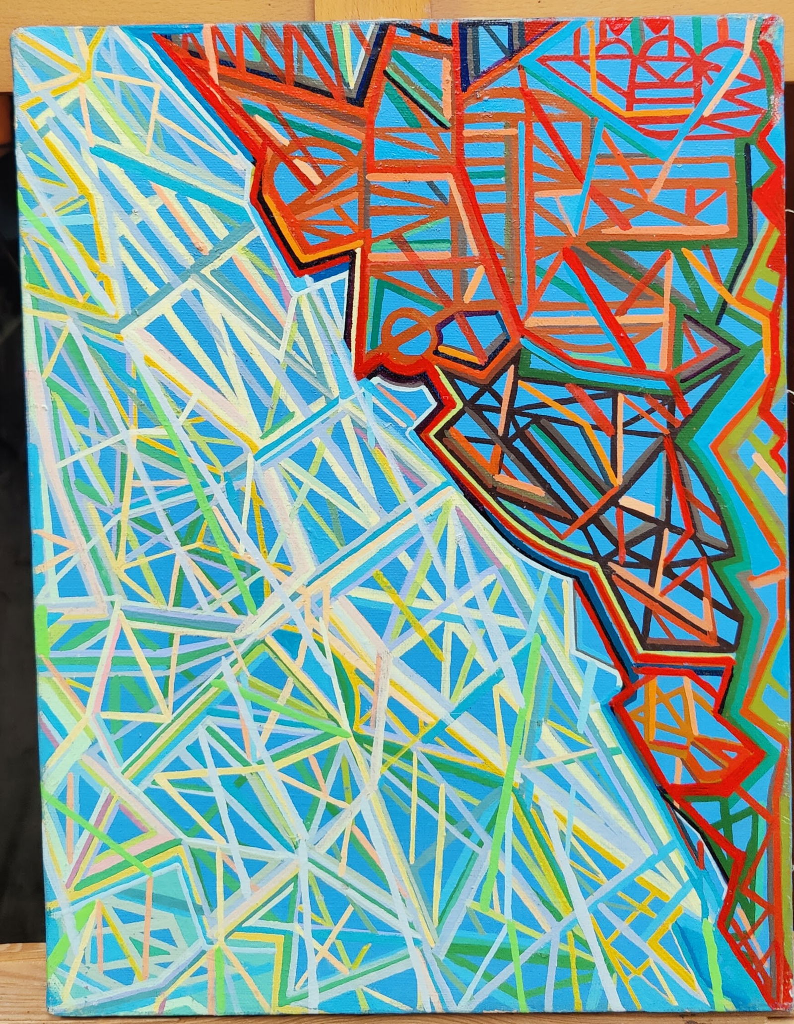 Alexander Ney O/C Colorful Abstract Lines & Shapes, 1988: Alexander Ney (Russian Federation, New York, France, b. 1939 - ) scarce O/C Abstract Expressionist Geometric Lines & Shapes painting. Very good condition, with minor scuffing and edge wear. Signed AL