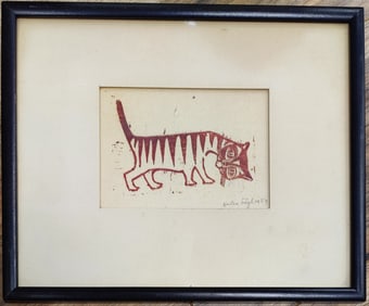 Helen K Siegl Woodblock Print Inquisitive Cat, 1954