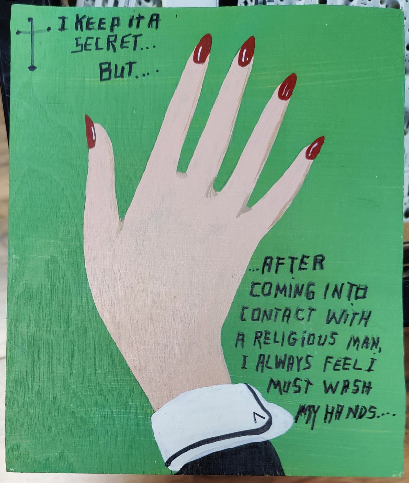 Javier Mayoral Outsider Art, I Keep It Secret...But....: Javier Mayoral (Spain, New York, Miami, b. 1961 - ) Outsider folk art oil on panel titled "I Keep It Secret...But...." and captioned "...AFTER COMING INTO CONTACT WITH A RELIGIOUS MAN. I ALWAYS FEEL I