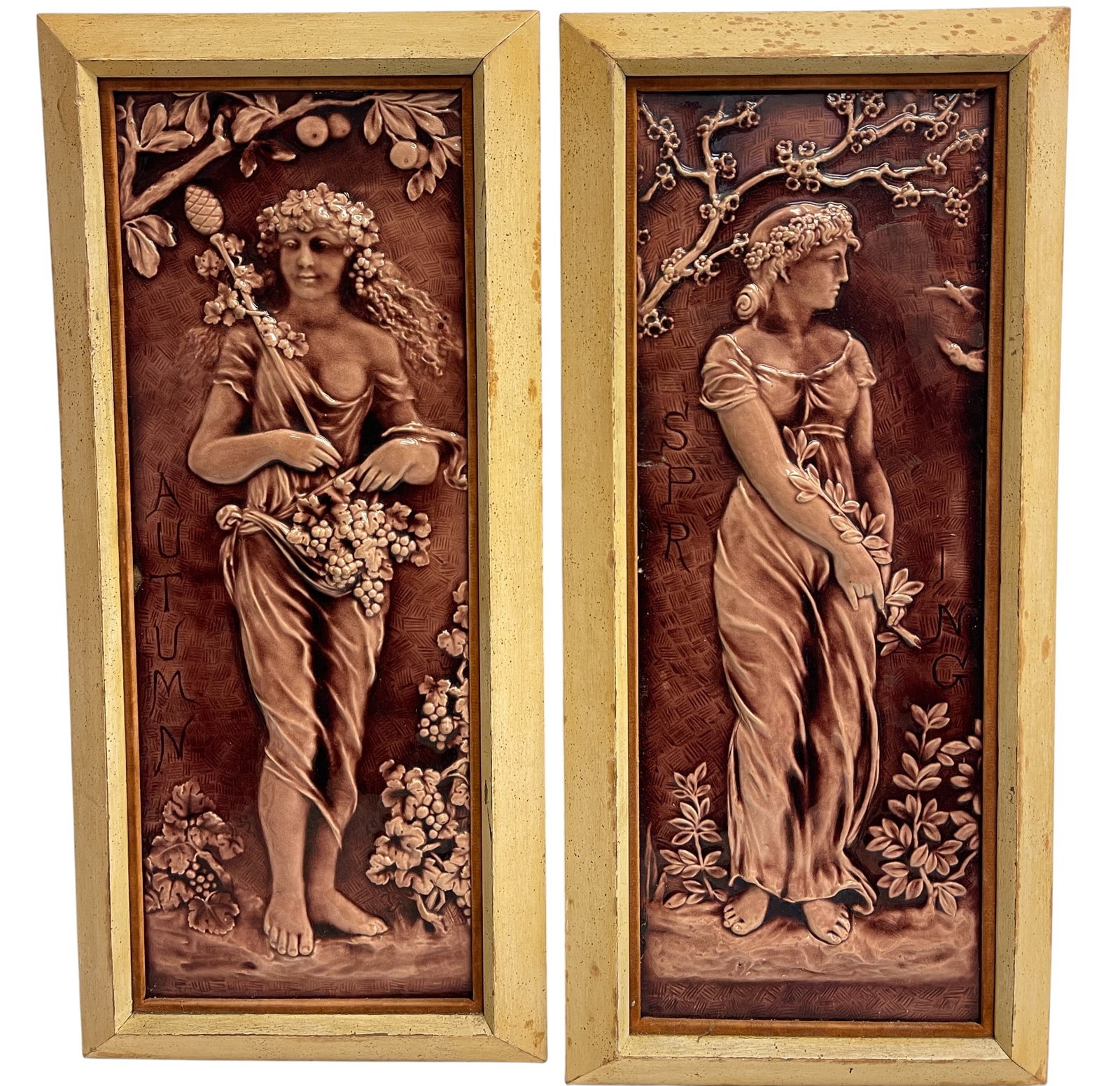 Set of (2) Large English Burmantofts Faience Relief Plaques: Set of 2 large English "Burmantofts Faience" relief plaques representing spring and autumn. Circa early 20thC. In original frames. Overall good condition. Autumn has a small chip on the middle left. D