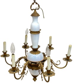 Antique French Louis XVI Style Gilt Bronze & Opaline Glass Chandelier