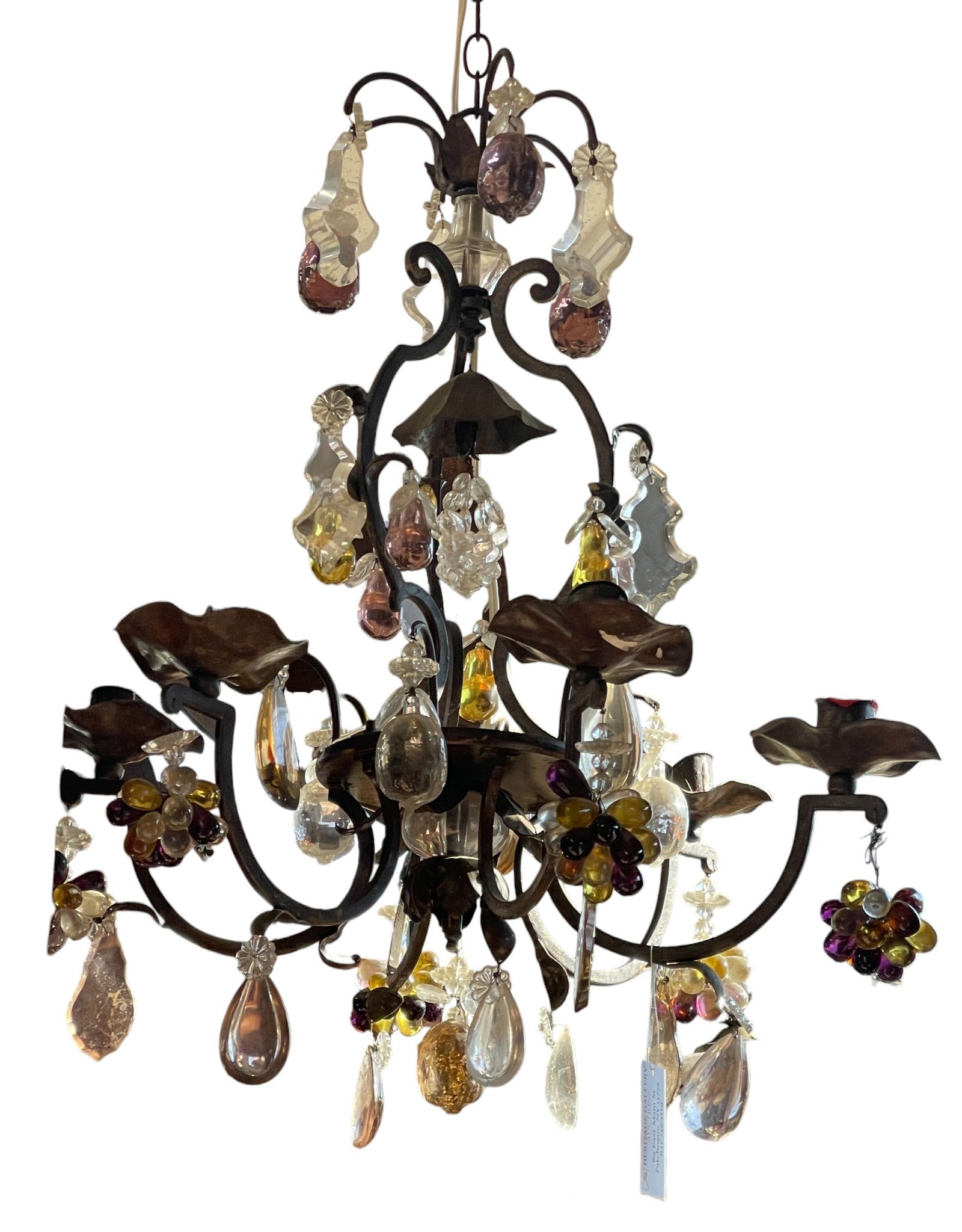 Vintage (6) Arm Crystal & Iron Chandelier: Purple, amber & clear crystals, in clusters and individual. This is not electrified, but can be wired. Measures approx 36.5 inches long, not including chain, 26 inches wide. Overall good condition, pl