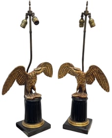 Antique Pair Federalist Styled Carved & Gilt Finished Eagle Sculptural Lamps