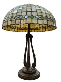 Signed Handel Triple Scrolled Case Base & Geometric Leaded Glass Shade