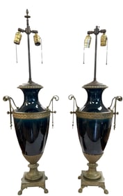 Pair French 19C Louis XVI St. Dark Blue Sèvres Ormolu Lamps
