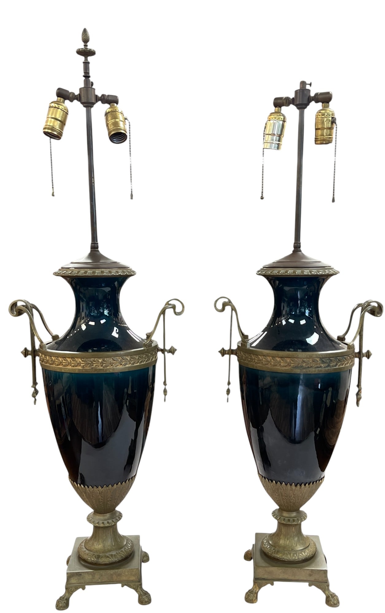 Pair French 19C Louis XVI St. Dark Blue Sèvres Ormolu Lamps: Pair of French 19th century Louis XVI st. cobalt blue Sèvres porcelain and ormolu vases mounted into lamps. Measure 35.5 inches to the top of the lamp, 24 inches to the top of the vase not including