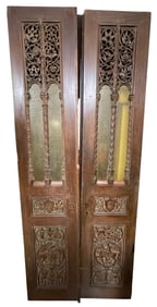 Pair 19th Century Carved Breton Panel & Slag Glass Doors