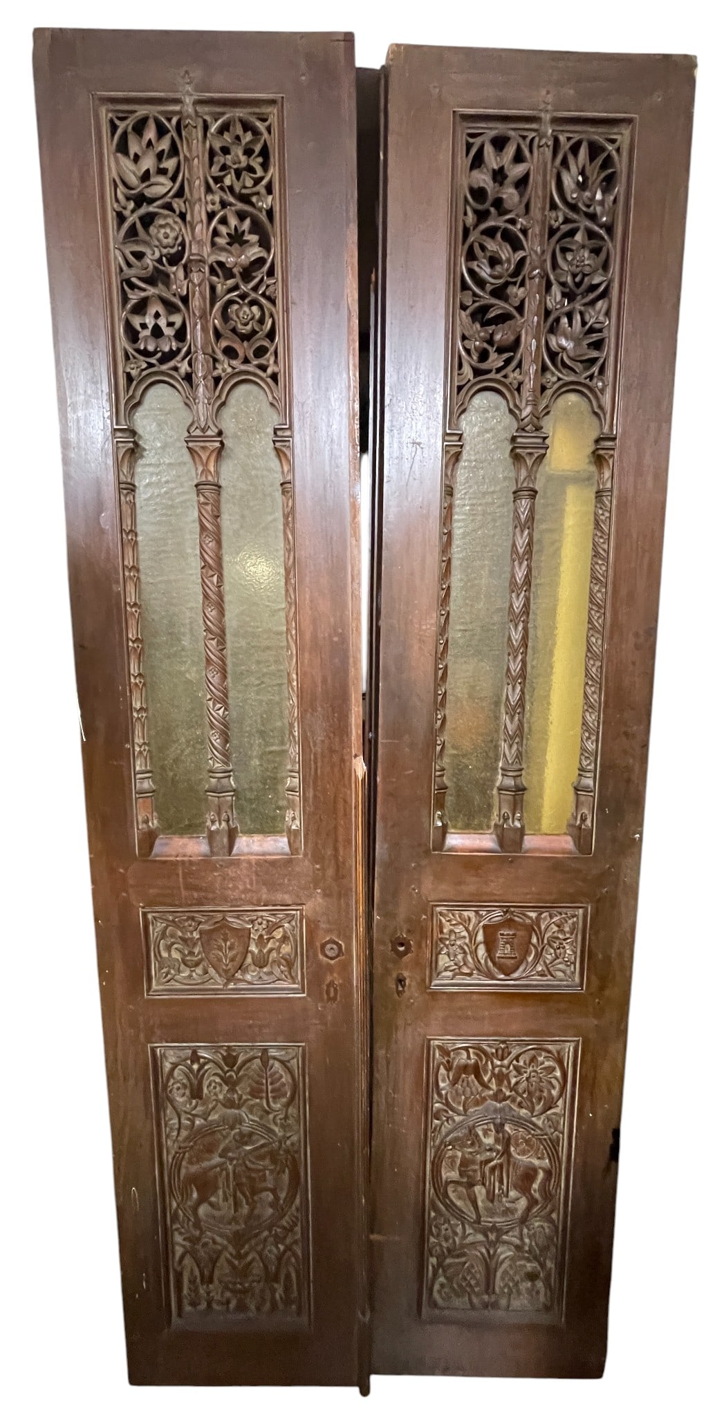 Pair 19th Century Carved Breton Panel & Slag Glass Doors (1 of 9)