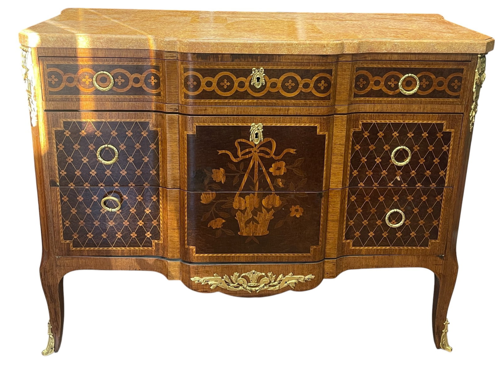 c1900 French Bronze Mounted Parquetry Inlaid Faux Marble Commode (1 of 10)