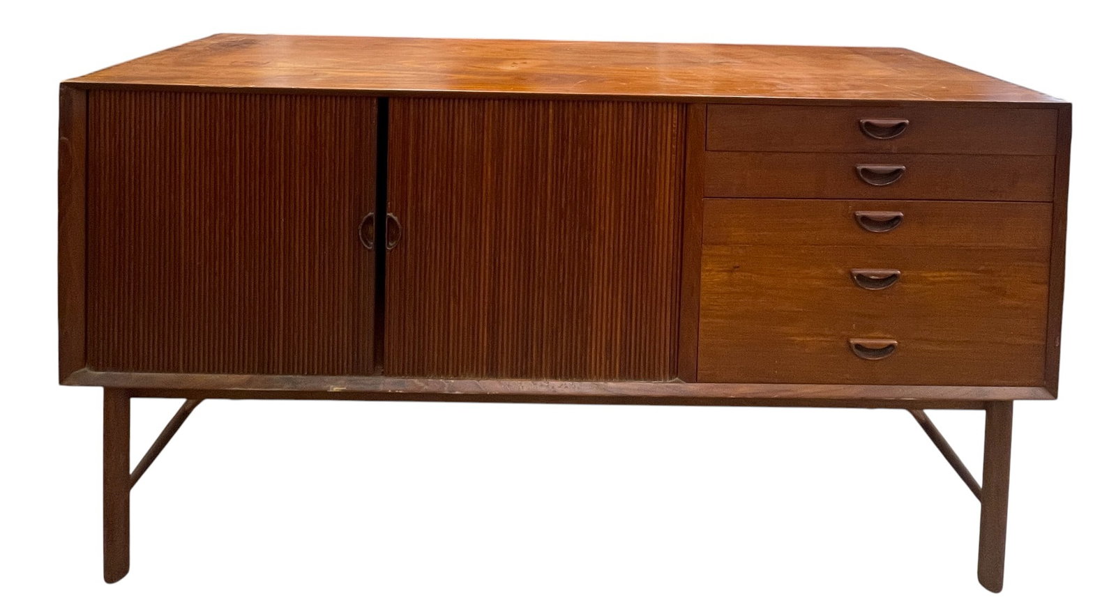 Peter Hvidt & Orla Molgaard-Nielsen for Søborg Møbelfabrik Tambour Credenza Model 26025: Peter Hvidt and Orla Mølgaard-Nielsen for Søborg Møbelfabrik Model 26025 Cabinet, c. 1965, five drawers, one with dividers, tambour opens to interior with one adjustable shelf, 34.25 inches high, (