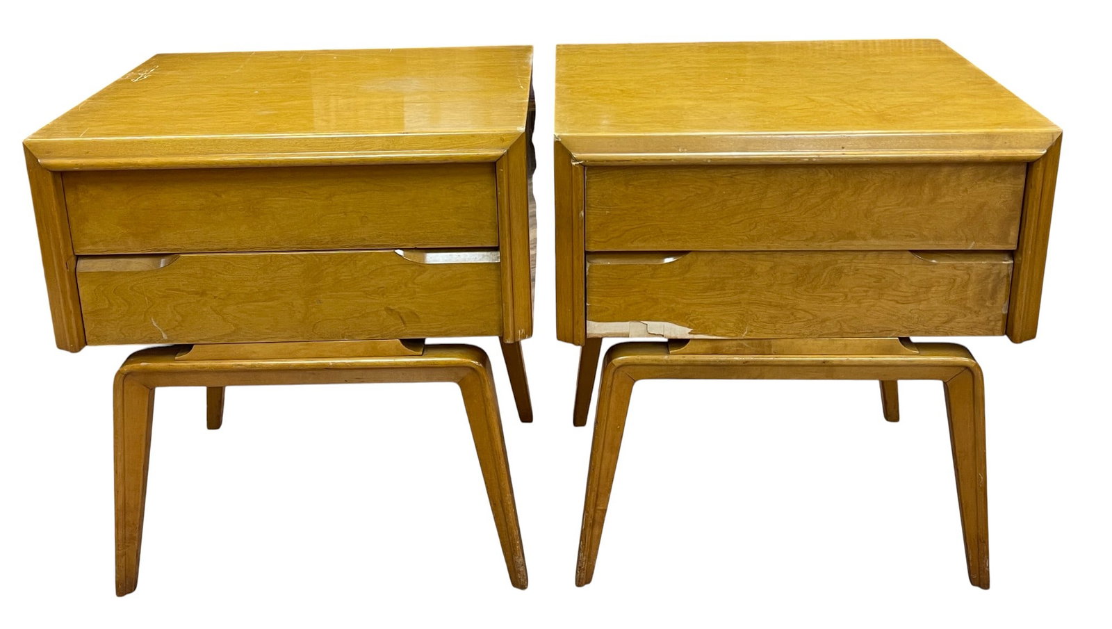 Mid Century Modern Edmond Spence Birch Nightstands: Birch nightstands by Edmond J Spence. Measure 24.25 inches high, 22 inches wide, 18 inches deep. Overall good condition, some veneer loss, please see photos.