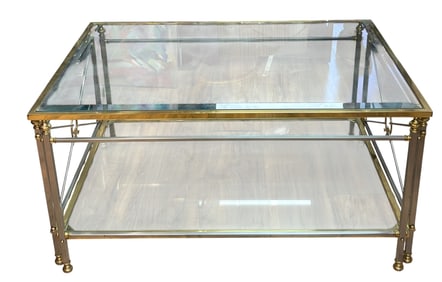 Neoclassical Style Brass & Chrome Glass Top Coffee Table
