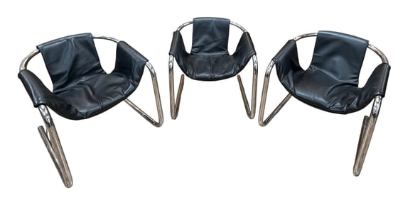 (3) Mid Century Modern Vecta Zermatt Chrome & Black Leather Tubular Sling Chairs