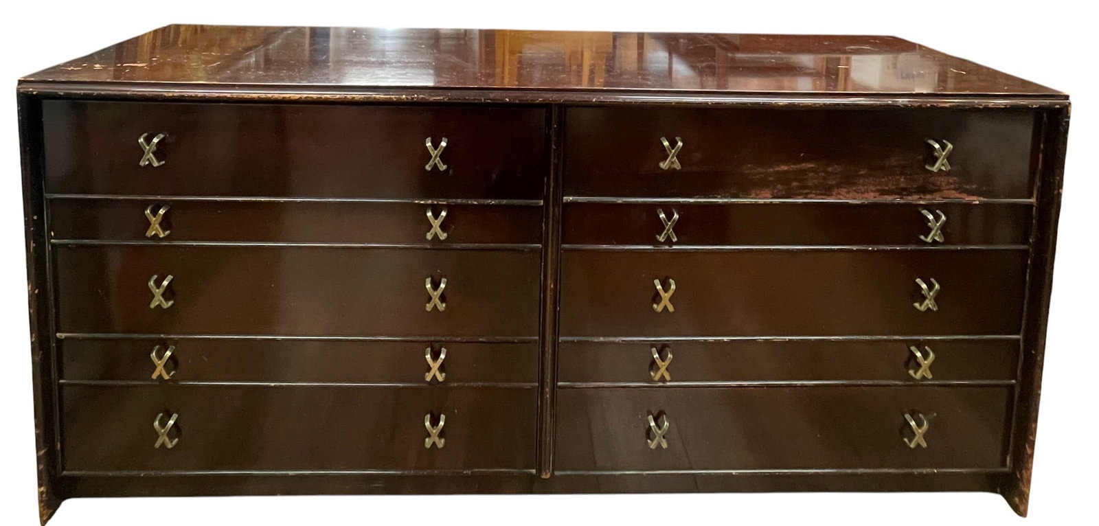 Mid Century Paul Frankl for Johnson X Shaped Nickel Pulls Low Chest: American Modern Tall Chest Dresser. Chest of Drawers. Beveled Frames. Iconic Metal "X" Pulls. Measures 32.5 inches high, 72.5 inches wide, 22.5 inches deep. Overall good condition, please see photos.