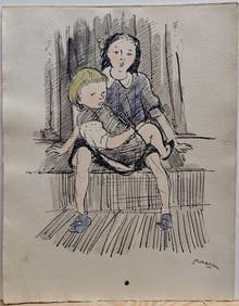 Jules Pascin Pen, Ink and W/C Sisters on the Stoop